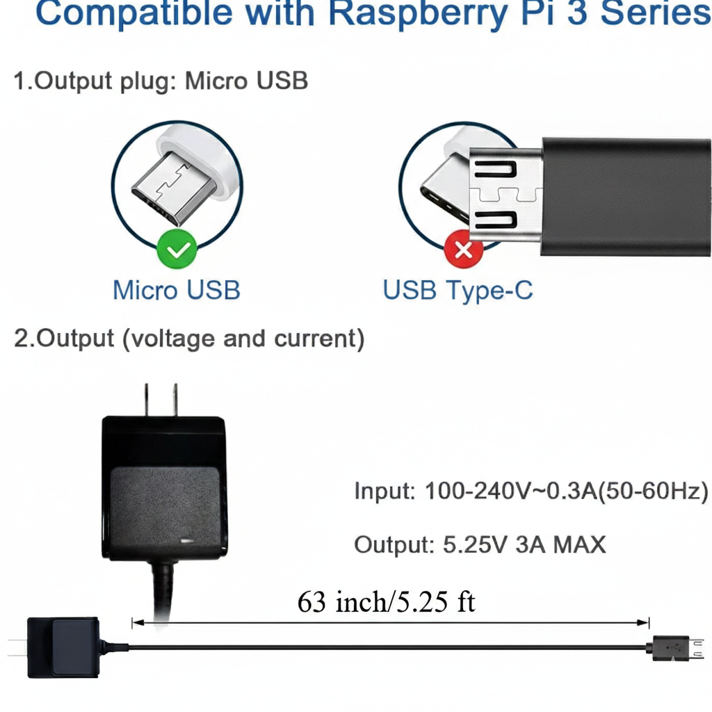 Mackertop 5.25V 3A Premium Power Supply for Raspberry Pi 3B+ | Solves "Lightning Bolt" Issue | Upgraded 1.8M (6ft) Cord